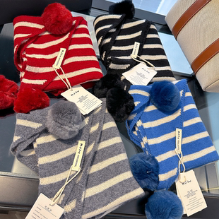 手工球球100%羊毛条纹三角巾女减龄红色保暖围巾多功能百搭披肩男