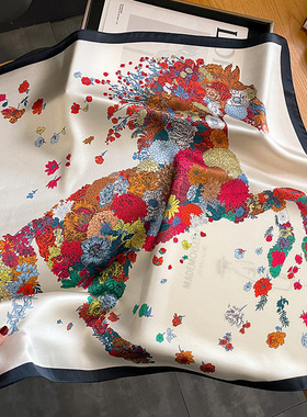 炫彩花朵小马复古围巾100%桑蚕丝真丝丝巾女春秋季百搭70方巾披肩