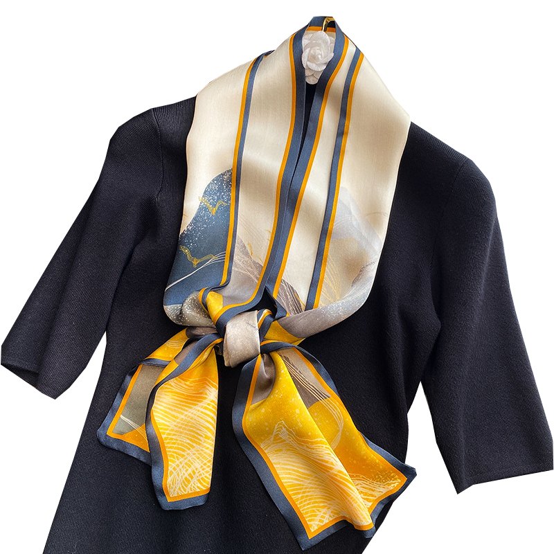 复古油画黄色真丝丝巾女小长条100%桑蚕丝双层薄款百搭领巾春秋款