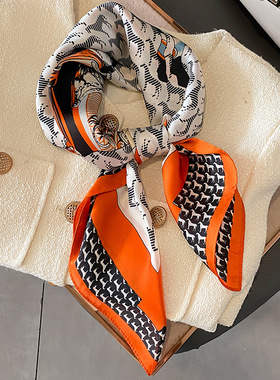 橙色复古小马丝巾女春秋季薄款70CM方巾时尚百搭职业空姐装饰领巾