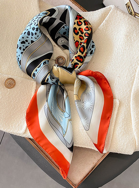 ins复古豹纹丝巾女春秋季薄款韩版百搭橙色70小方巾职业装饰领巾