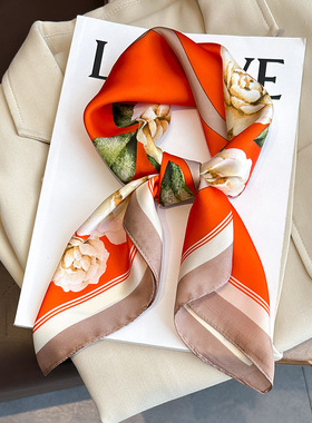 花开橙色丝巾女韩版秋冬时尚仿真丝保暖围巾职业领巾薄款气质方巾