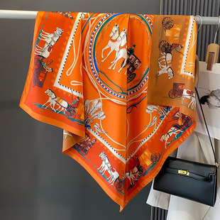 大牌高级感橙色复古马车双面印花丝巾女洋气大方巾仿真丝外搭披肩