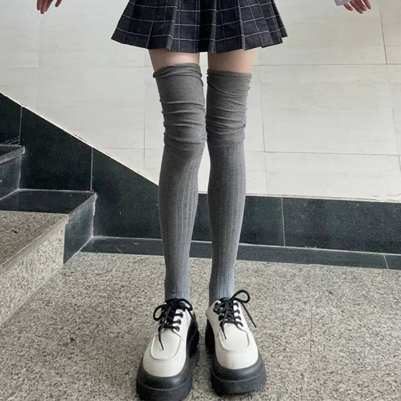 灰色过膝袜女春秋款叠穿堆堆靴子袜黑色高筒韩系拼接过膝盖长袜子