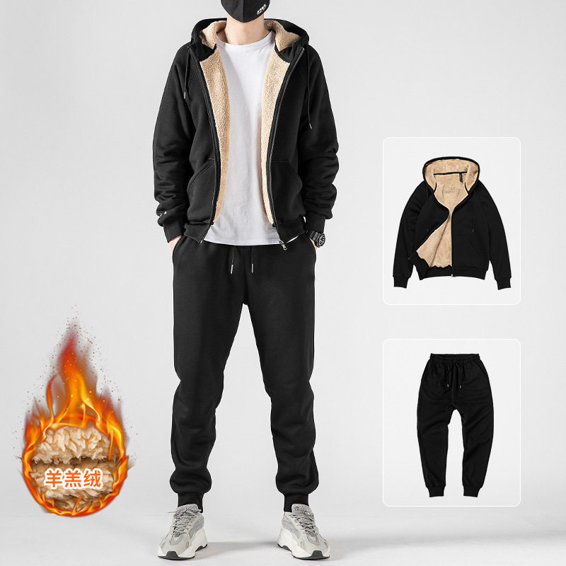 羊羔绒卫衣套装男士冬季加绒加厚一套连帽运动服休闲开衫保暖