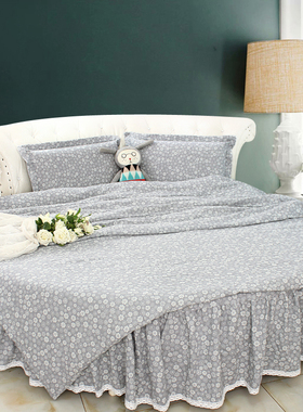 灰色碎花水洗棉提花双层纱圆床四件套纯棉全棉圆床单圆被罩圆床单