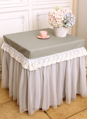 浅灰色皮革防水防油方形桌布床头柜罩茶几罩蕾丝烤火罩电暖炉罩套