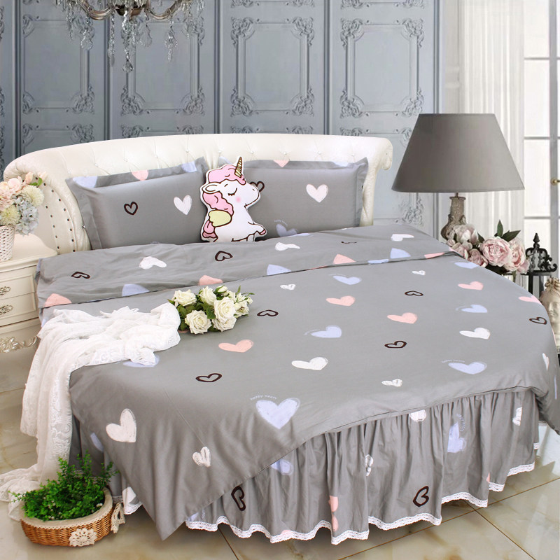 主题房宾馆新款灰色小心心简洁纯棉全棉圆床四件套圆床罩圆被套2m