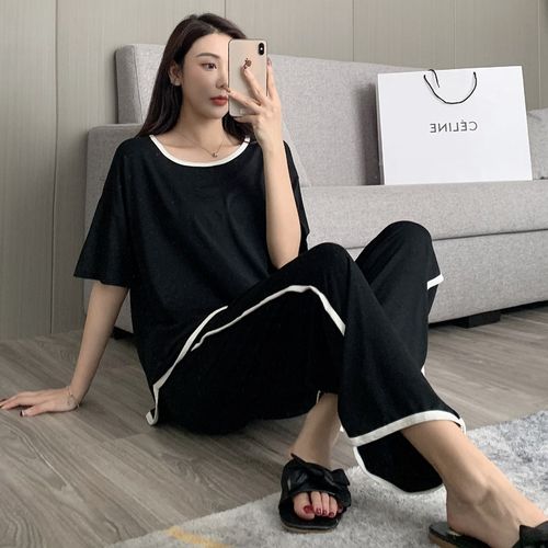 莫代尔短袖长裤睡衣女夏季纯色