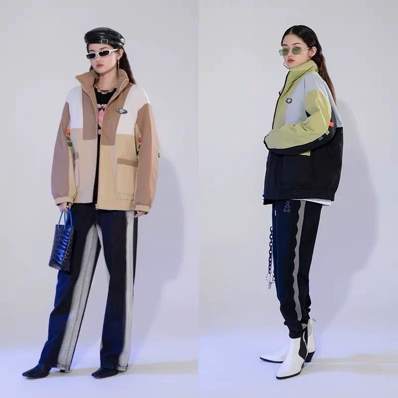 我爱巧克力拼色立领冲锋衣女宽松休闲百搭羽绒外套