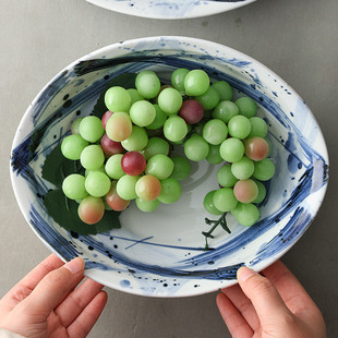 濑户烧日本进口陶瓷吴须格子薯片型陶瓷盛鉢盘水果盘碗