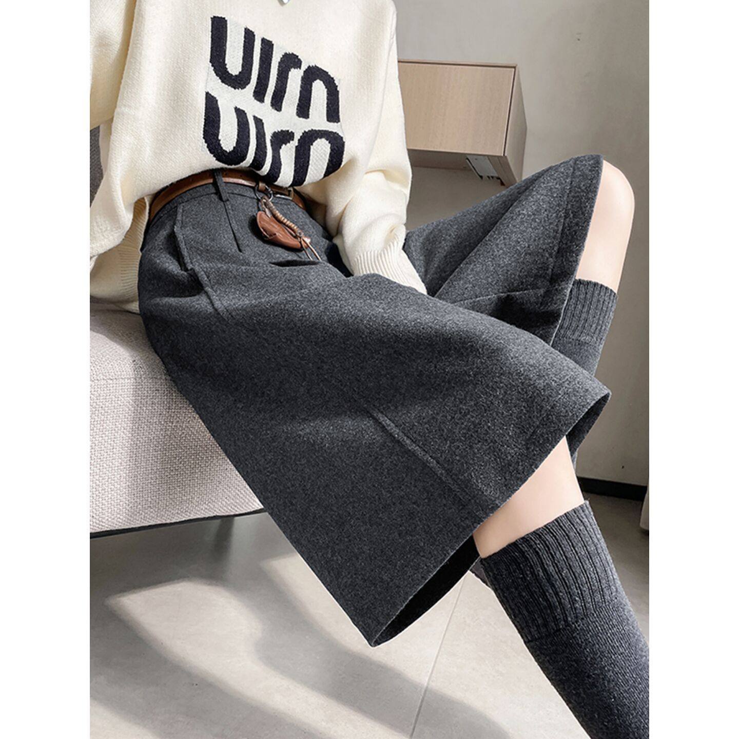 韩系灰色毛呢阔腿西装裤女秋冬巨好看的裤子配靴子加厚哈伦七分裤