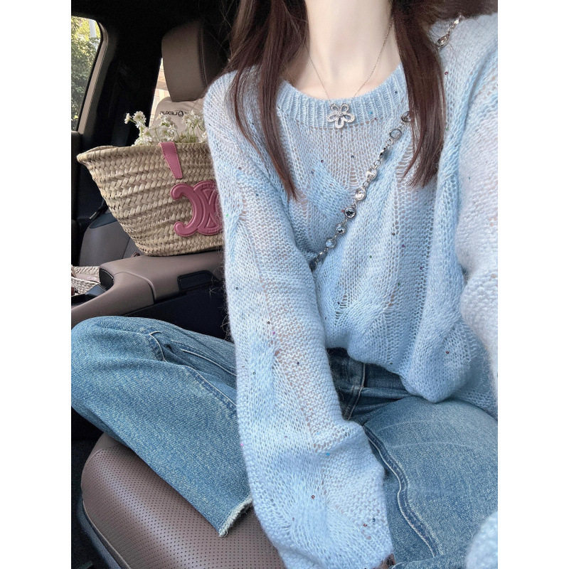 蓝色细闪长袖镂空软糯套头毛衣女秋季宽松慵懒风高级感针织衫上衣