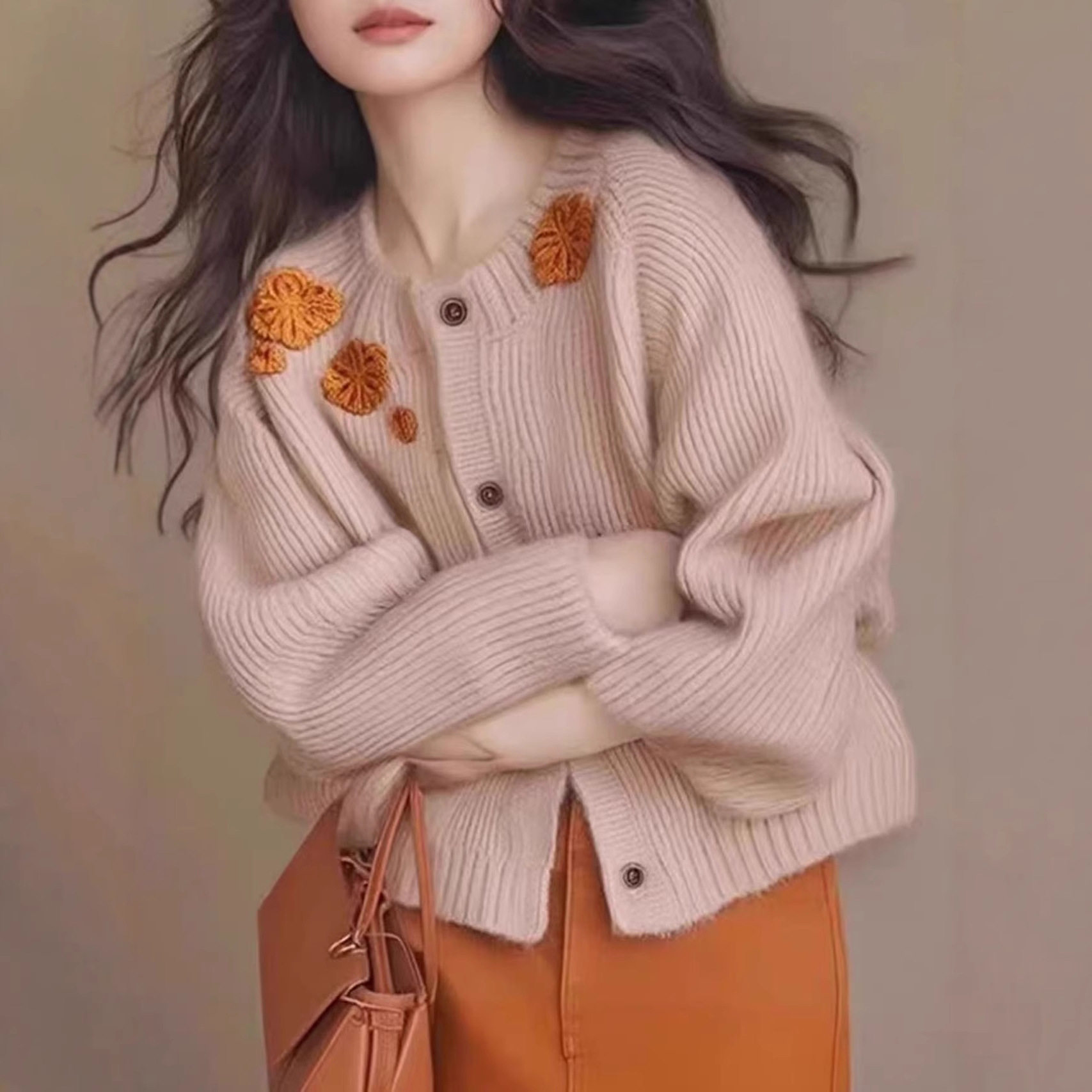 哥家商场同款女装2025冬季独特别致花朵刺绣设计感针织衫长袖上衣