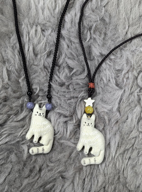 可爱项链植绒毛绒串珠猫咪吊坠小猫项链森系毛毡挂件秋冬毛衣链