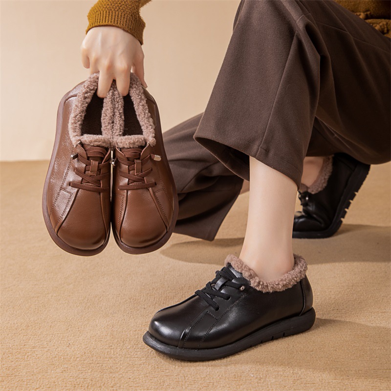 真皮毛毛鞋冬季保暖妈妈鞋橡胶底羊羔毛深口单鞋女平跟中老年棉鞋
