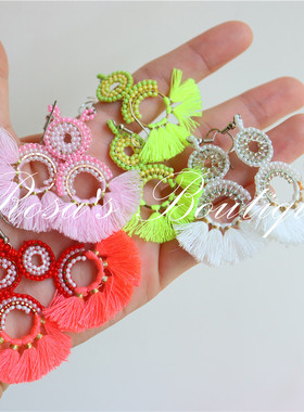 度假海滩手工彩色波西米亚民族风米珠摇曳长流苏耳环耳坠耳夹
