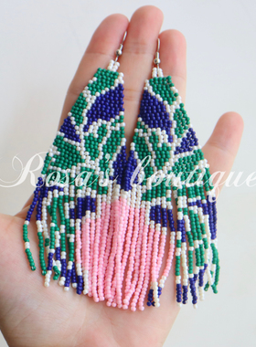 Handmade Beading 手工编织热带叶片图腾绿色彩渐变米珠耳钉耳夹