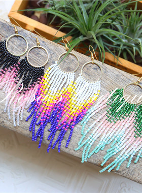 Handmade Beading 手工编织渐变彩虹环波西米亚流苏米珠耳钉耳夹