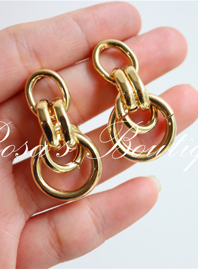 极简主义 ins风 简约线条金色圆环锁链镂空复古耳钉耳环