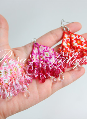 手作手工编织菱形波西米亚玻璃球流苏渐变耳钉耳环耳夹米珠MIYUKI