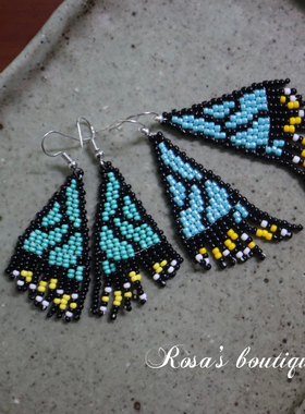 Handmade Beading 手工编织渐变湖蓝蝴蝶翅膀波西米亚耳环耳夹