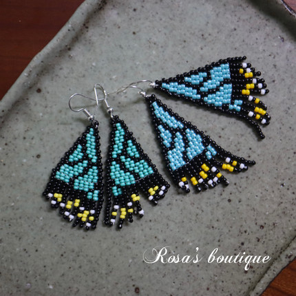 Handmade Beading 手工编织渐变湖蓝蝴蝶翅膀波西米亚耳环耳夹