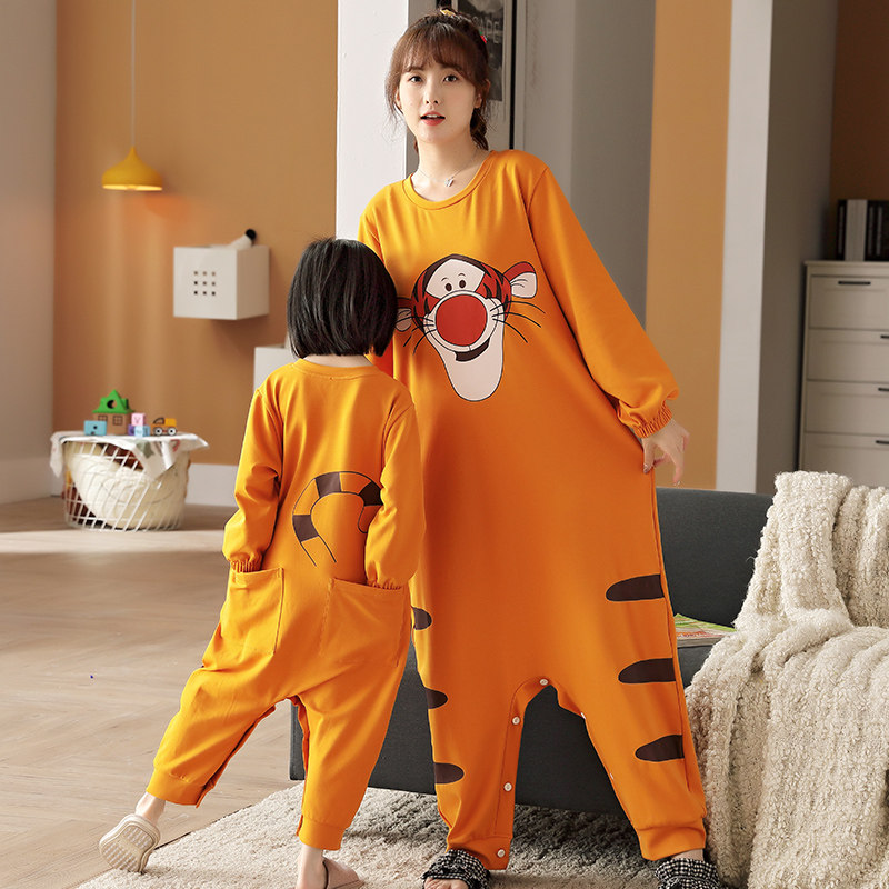 母女连体睡衣长袖纯棉2021年新款跳跳虎儿童亲子卡通睡裙裤防走光