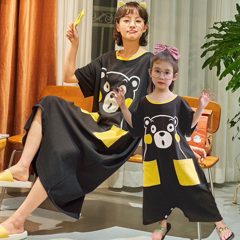 睡裙女夏季纯棉短袖连体睡衣亲子防走光大码200斤夏天儿童家居服