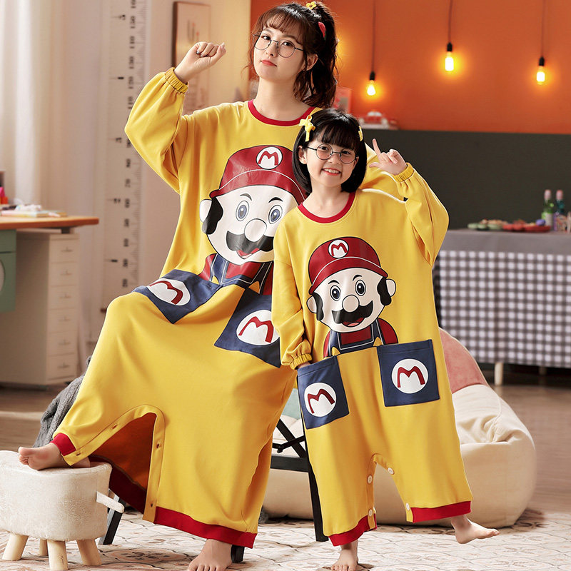 儿童睡裙女春秋季纯棉长袖冬天大码微胖女孩宽松母女连体睡衣亲子