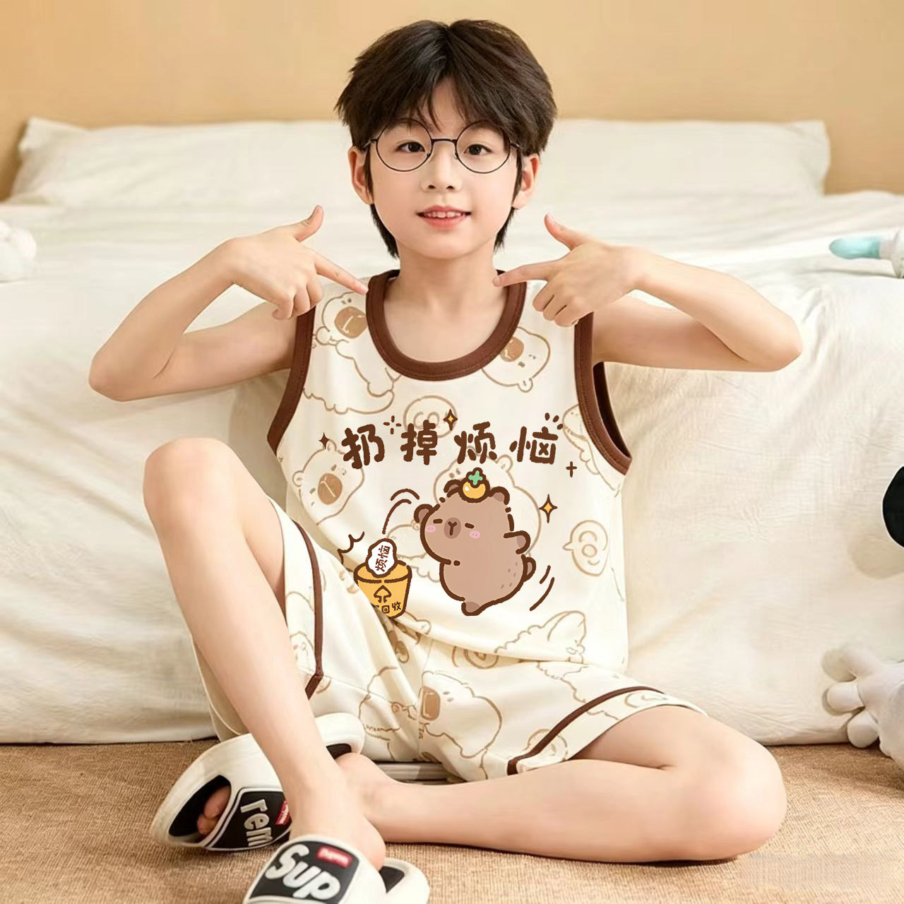 儿童睡衣男童夏季薄款纯棉背心卡皮巴拉青少年男孩大童空调家居服