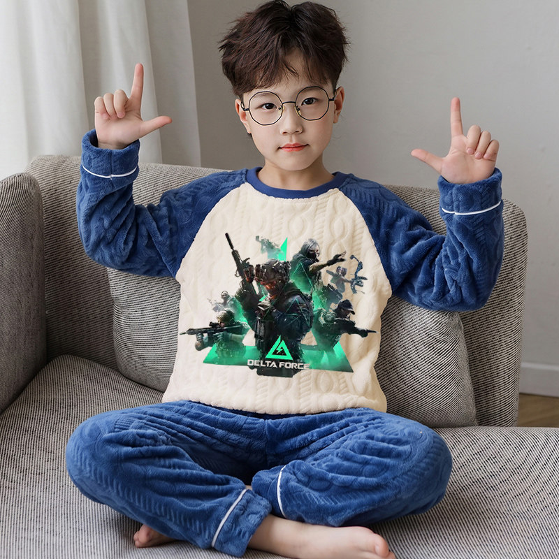秋冬加绒加厚保暖男童家居服套装