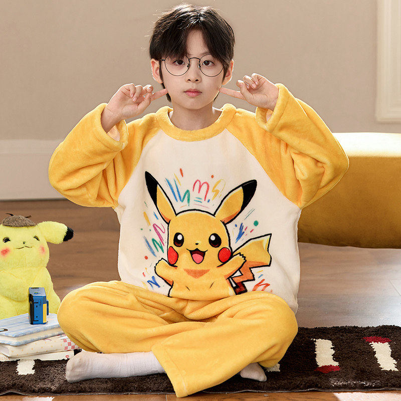 皮卡丘秋冬保暖法兰绒家居服套装