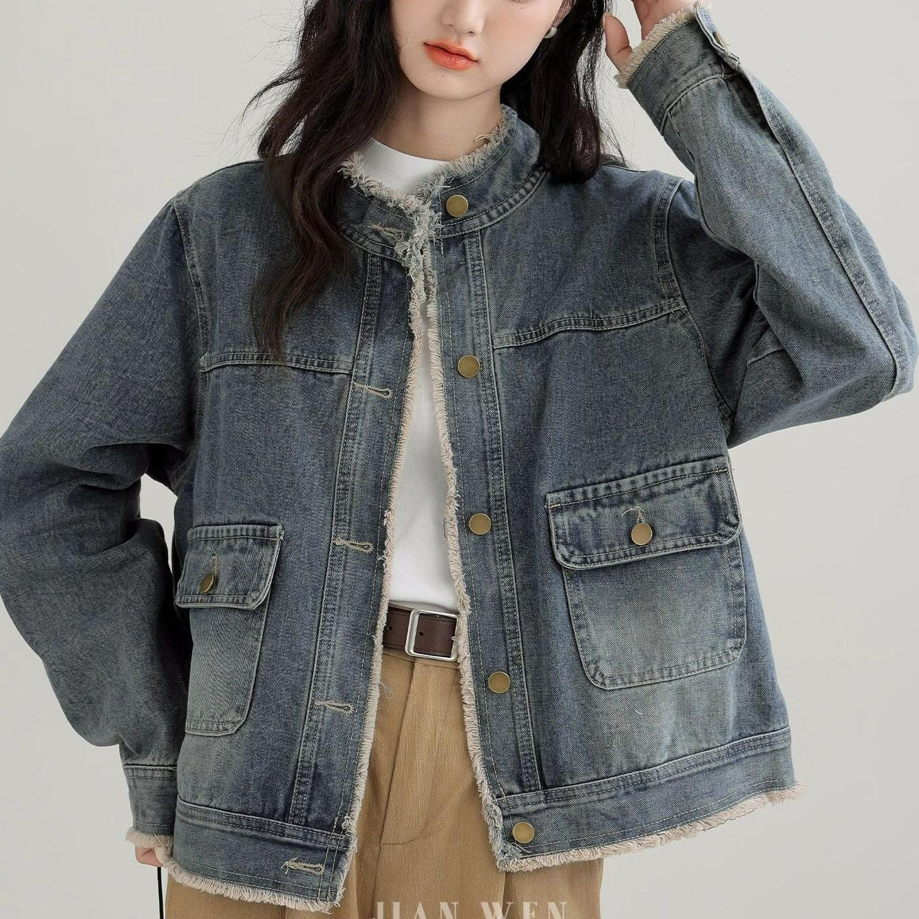 2025春秋新款复古毛边水洗牛仔外套女设计感宽松休闲短款夹克上衣,男装,牛仔外套,淘宝优惠券,粉丝福利购,淘宝优惠卷