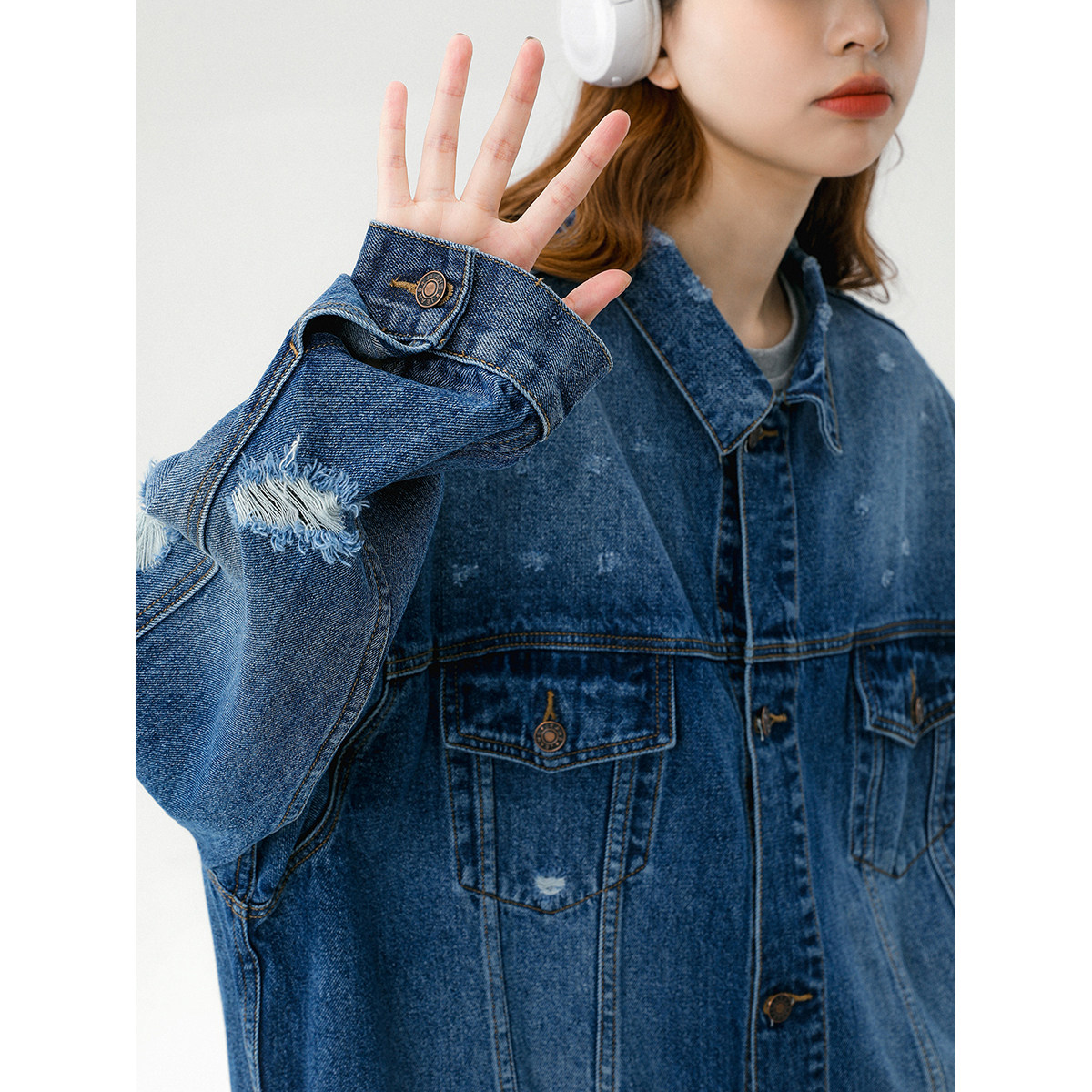 新款破洞多口袋外穿休闲水洗牛仔夹克 N602/ P110图片