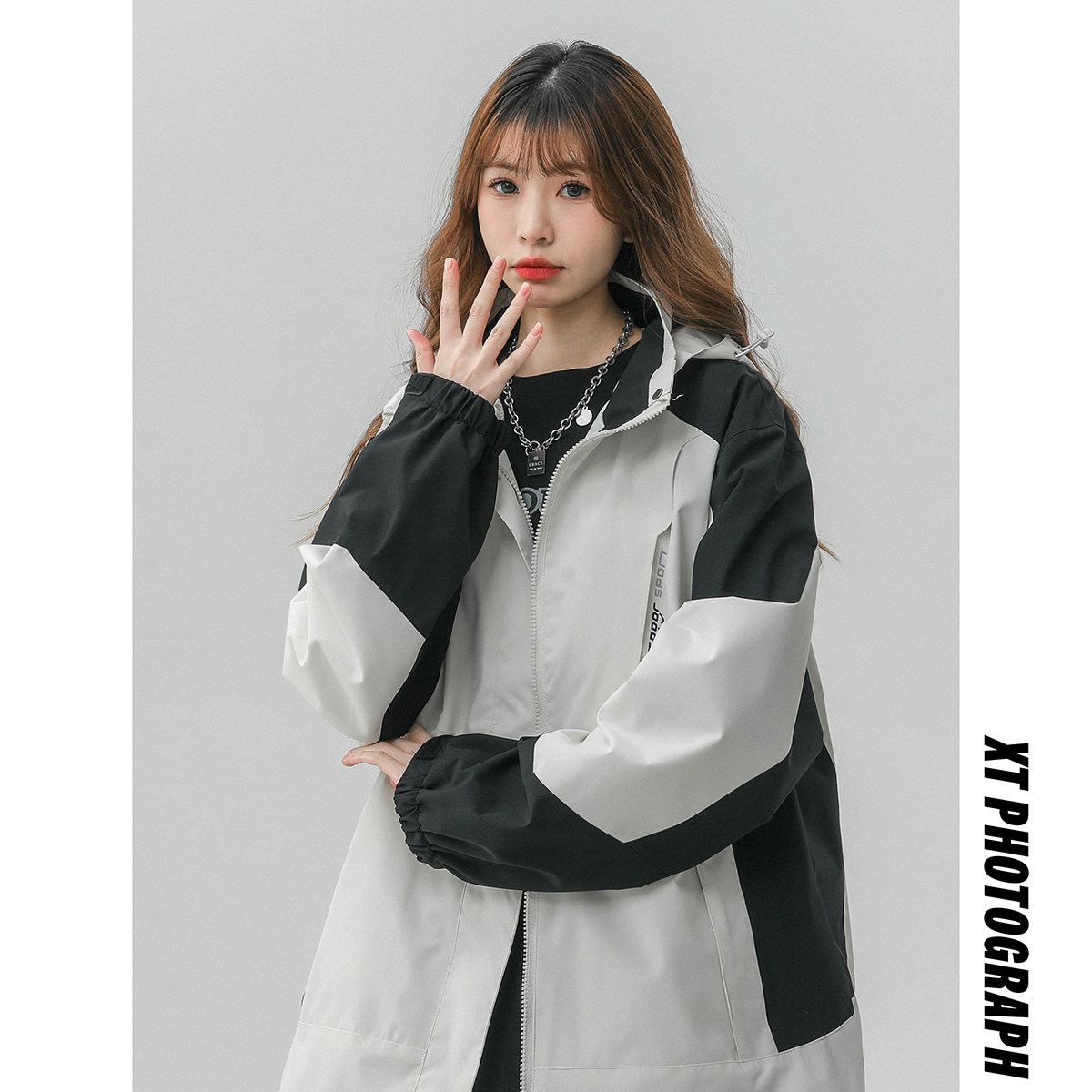 立领连帽撞色拼接情侣冲锋衣登山服夹克 JK18/P65/98图片