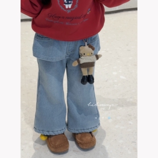 女童休闲裤 Spring韩国童装 宝宝加绒加厚牛仔喇叭裤 新款 2025年冬季