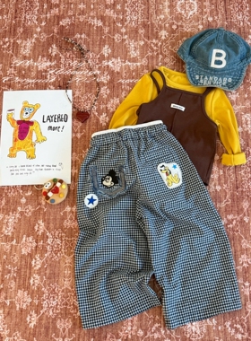 Spring韩国童装2025年秋季新款亲子米奇贴布藏青格子裤女童休闲裤