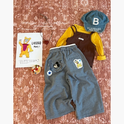 Spring韩国童装2025年秋季新款亲子米奇贴布藏青格子裤女童休闲裤