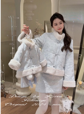 Spring韩国童装2024冬季亲子国风蓝色提花韩版套装女童加绒套装裙