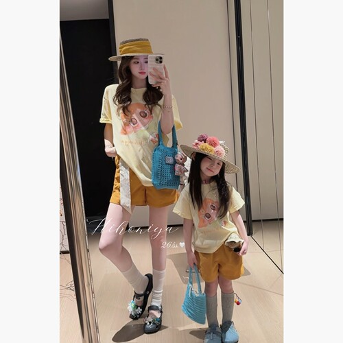 Spring韩国童装2026年夏季新款亲子亲子甜美卡通印花短袖女童T恤