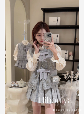 Spring韩国童装2024春款名媛小香风蓝色蝴蝶结亲子马甲裙裤套装