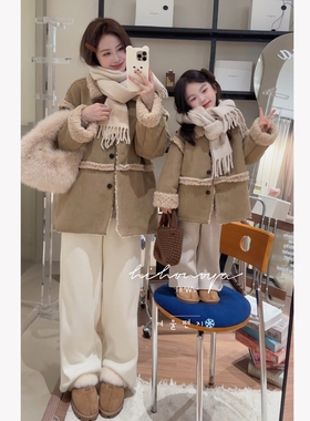 Spring韩国童装2025年秋冬新款亲子麂皮高级皮毛一体外套女童上衣