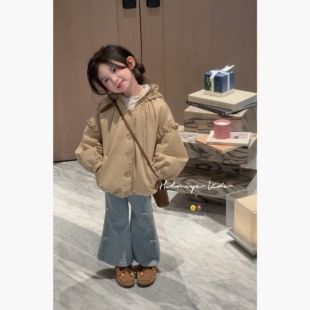 Spring韩国童装2026春季新款宝宝木耳灯笼袖女童连帽纯棉长袖外套
