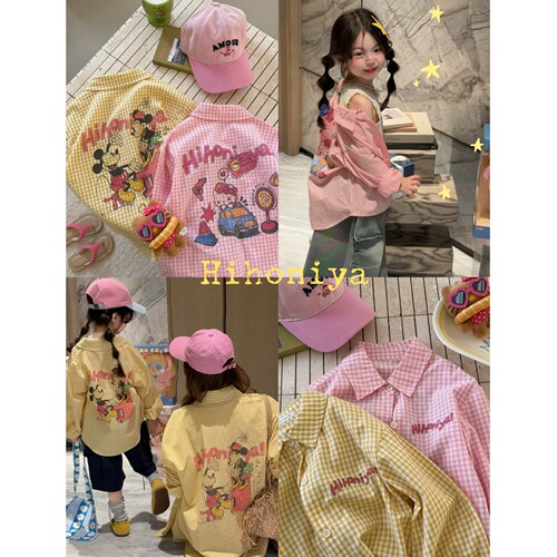 Spring韩国童装2026年春夏新款亲子卡通米奇纯棉格子衬衫女童衬衣