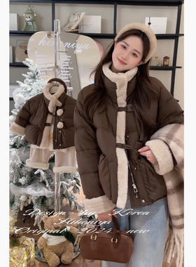 Spring韩国童装2024冬季新款棕色复古羊羔毛拼接羽绒服韩版亲子款