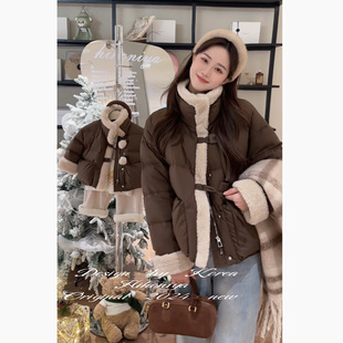 亲子款 Spring韩国童装 棕色复古羊羔毛拼接羽绒服韩版 新款 2024冬季