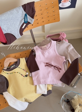 Spring韩国童装2026春季新款亲子撞色真两件叠穿显瘦上衣女童T恤