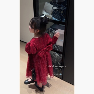 Spring韩国童装2025冬季新款宝宝泡泡袖生日网纱裙女童加绒礼服裙