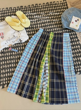Spring韩国童装2025年夏季新款亲子撞色格纹半身裙女童格子休闲裤